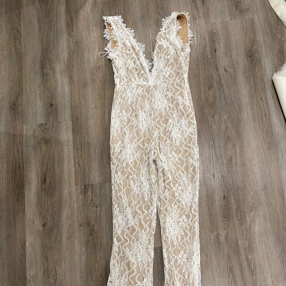 Pretty Little Thing White Lace Plunge Jumpsuit